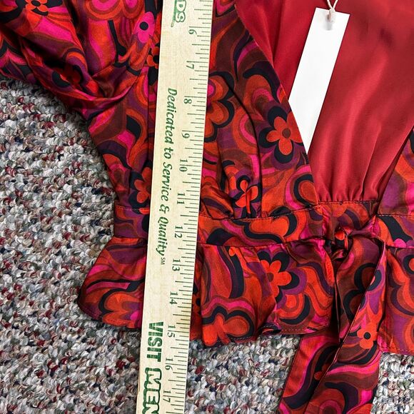 For Love & Lemons NWT Davina Pink Red Floral Plunge Tie Front LS Top Size XS - Picture 15 of 15